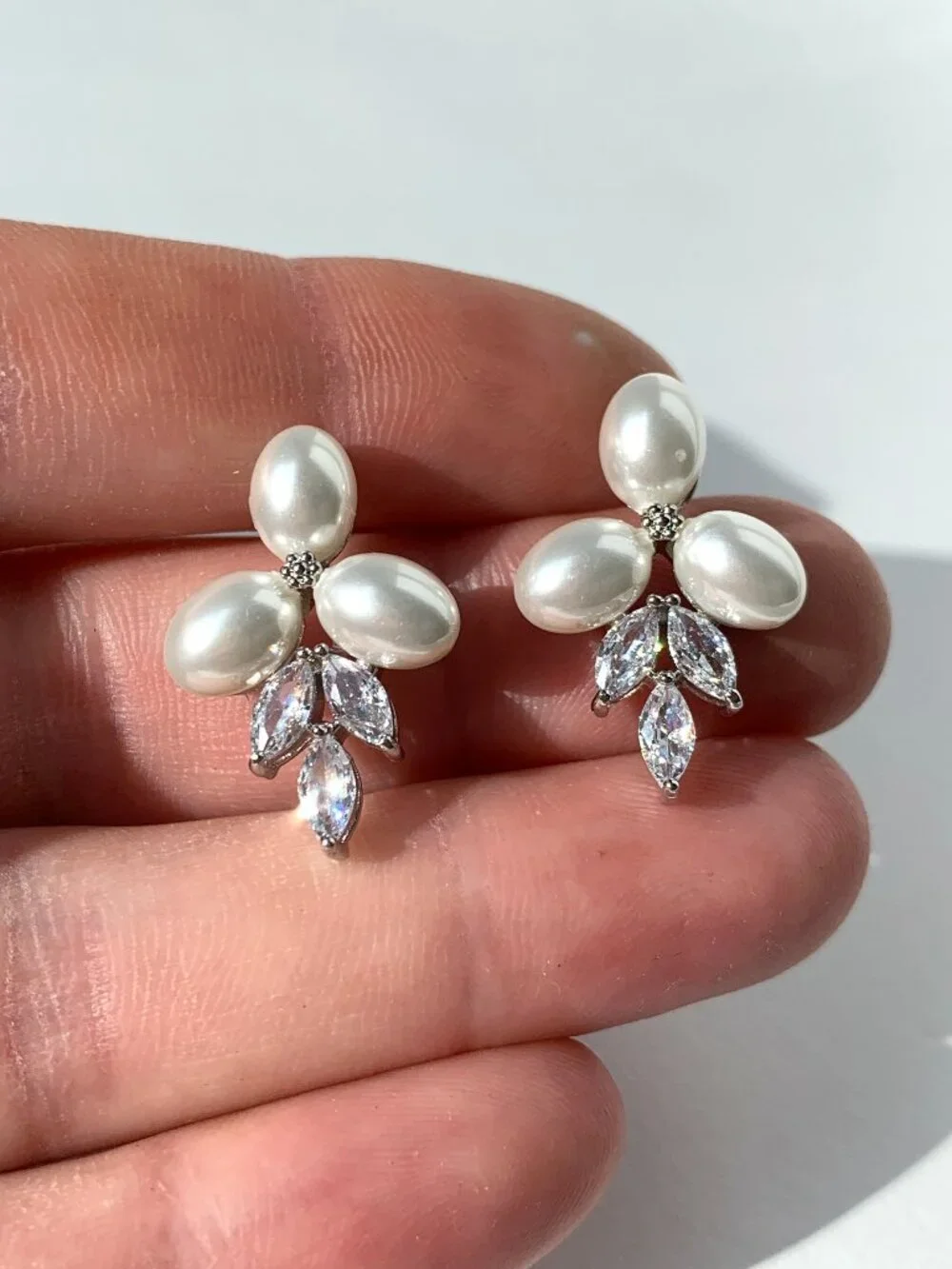 NEW~ Anthropologie, BHLDN, Triple Pearl & Marquise Crystal Cluster Stud Earrings